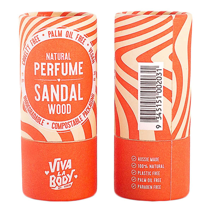 Viva La Body Natural Perfume Sandal front & back of packaging. Aussie made, 100% natural, plastic free.
