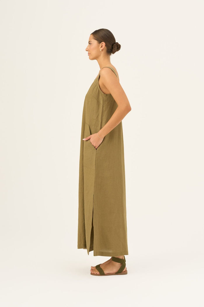 Olive Khaki Linen Fugue Dress - Linen Tales Global