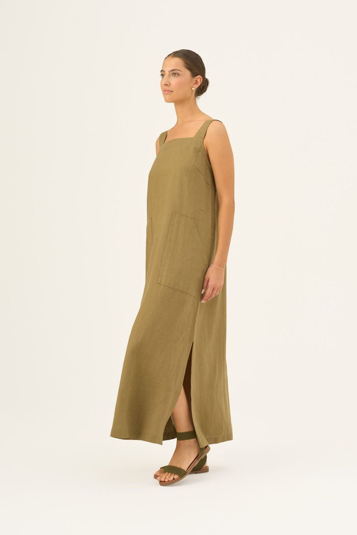 Olive Khaki Linen Fugue Dress - Linen Tales Global