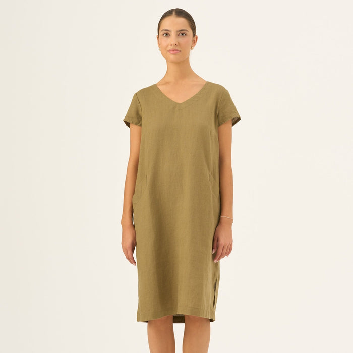 Olive Khaki Linen Goldenrod Dress - Linen Tales Global