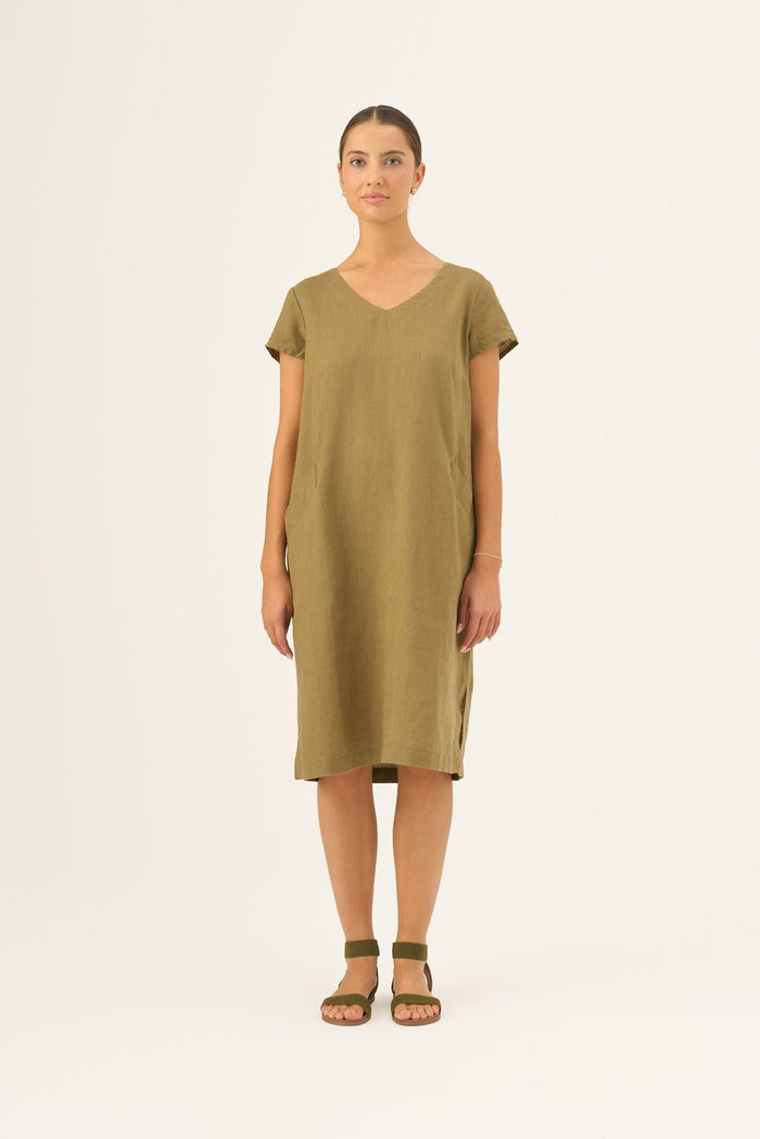 Olive Khaki Linen Goldenrod Dress - Linen Tales Global