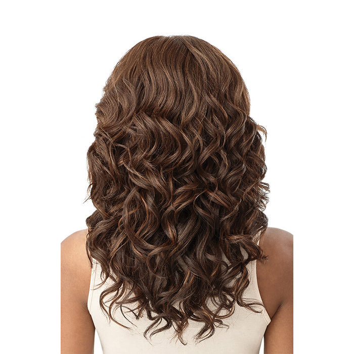 OUTRE 13x6 lace frontal wig synthetic long wavy chestnut brown with subtle highlights back view