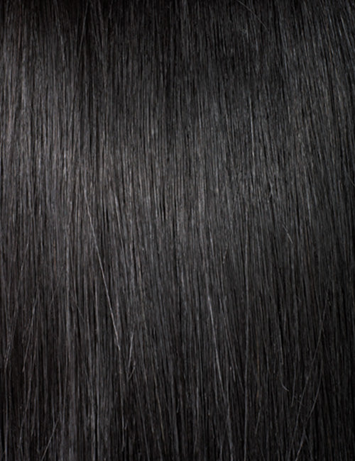 OUTRE 13x6 lace frontal wig synthetic straight jet black close up showing smooth strands and natural sheen