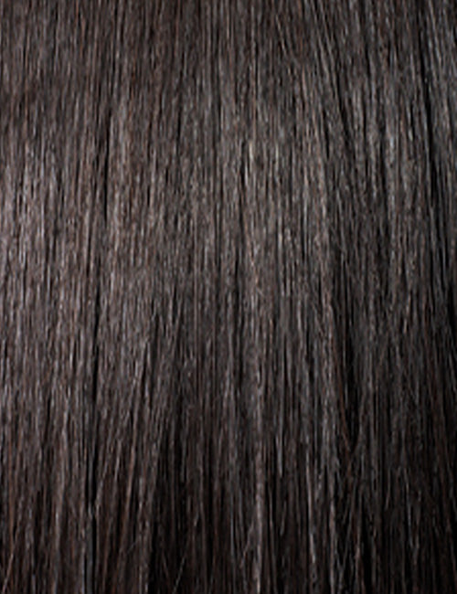 OUTRE 13x6 lace frontal wig synthetic straight dark brown closeup showing smooth silky hair texture
