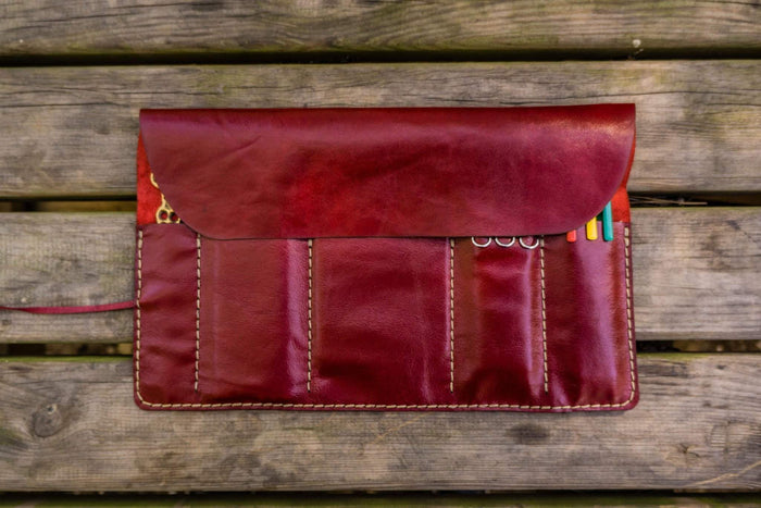 Personalized Leather Pen Roll - Red