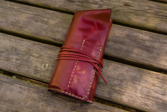 Personalized Leather Pen Roll - Red