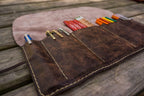 Personalized Leather Pen Roll - Rustic Dark Brown