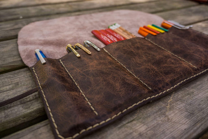 Personalized Leather Pen Roll - Rustic Dark Brown
