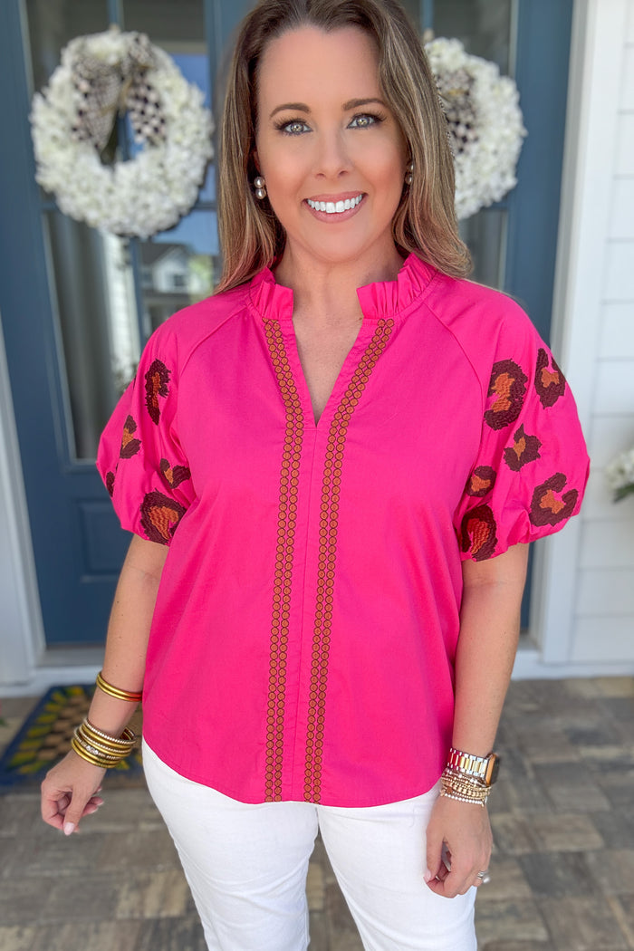 Poppy Pink Leopard Embroidered Blouse