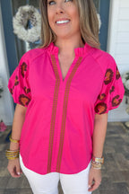 Poppy Pink Leopard Embroidered Blouse