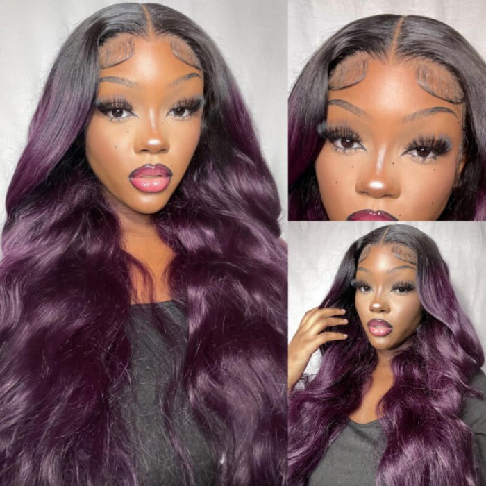 smokey dark purple human hair lace wigs with black root