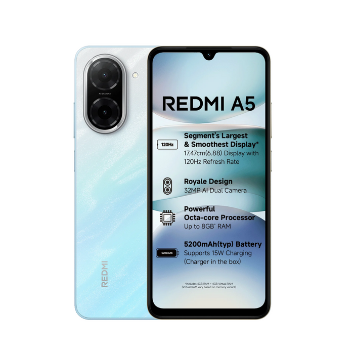 Redmi A5 4G| 6.88 inches Display | 32MP Single camera | 8MP Front camera | Android 15 | 5200 Mah Battery