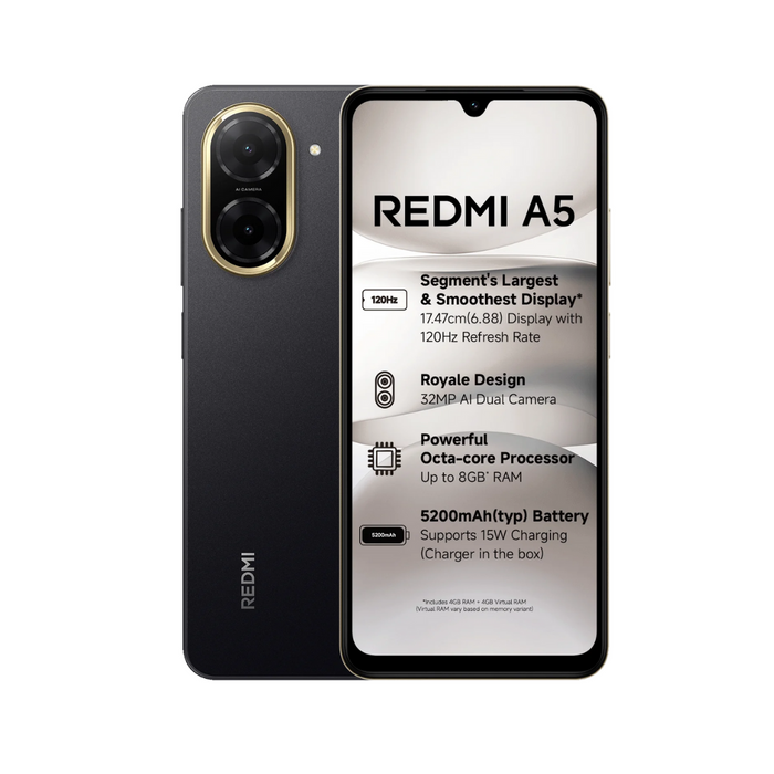Redmi A5 4G| 6.88 inches Display | 32MP Single camera | 8MP Front camera | Android 15 | 5200 Mah Battery
