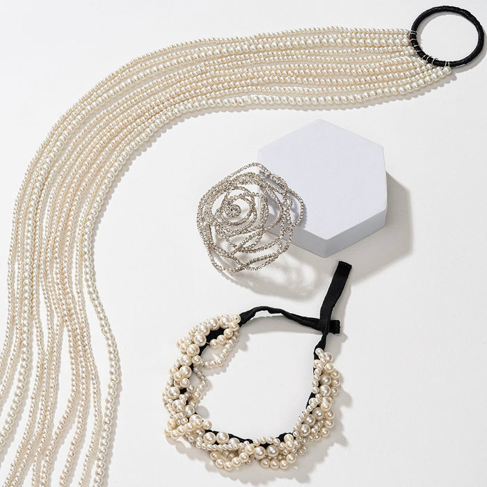 Rose Crystal & Pearl Hair Bun Accessory with Pearl Hangings
