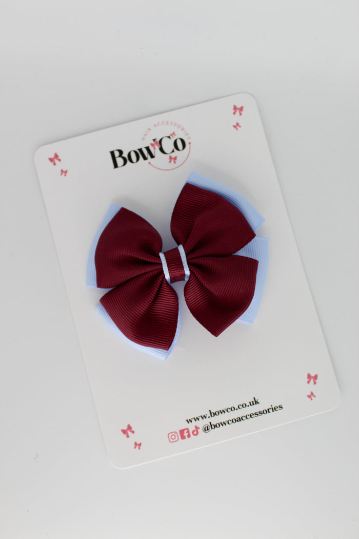 School Bow Burgundy and Bluebell - Layer Edge Bow - Clip