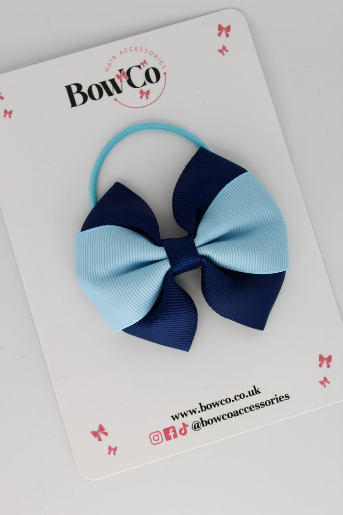 School Bow Navy and Blue Topaz - Round Tuxedo Bow - Elastic