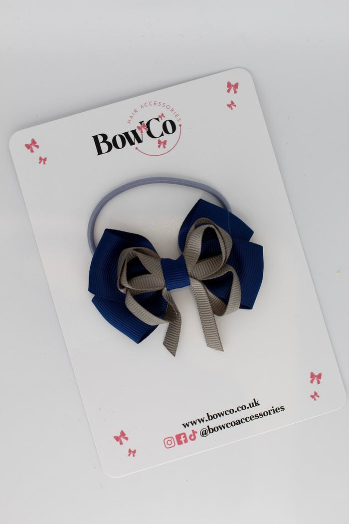 School Bow Navy and Metal Grey - Double Bow - Elastic