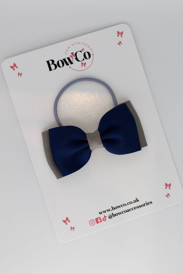 School Bow Navy and Metal Grey - Double Lapel Bow - Elastic