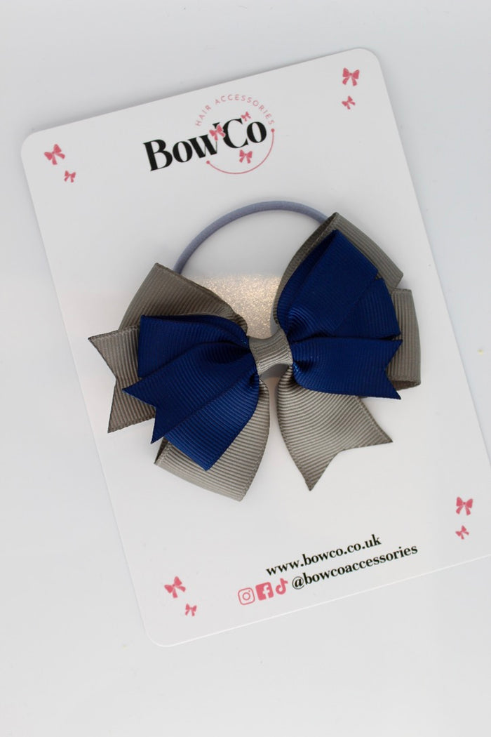 School Bow Navy and Metal Grey - Double Tail Bow Set - Elastic