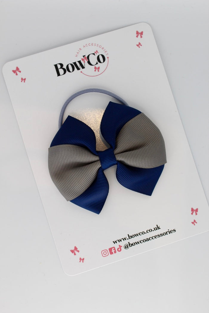 School Bow Navy and Metal Grey - Round Tuxedo Bow - Elastic