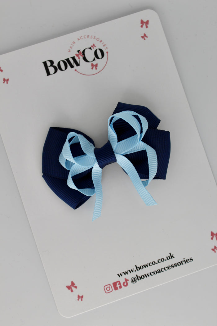 School Bow Navy Blue and Blue Topaz - Double Bow - Clip
