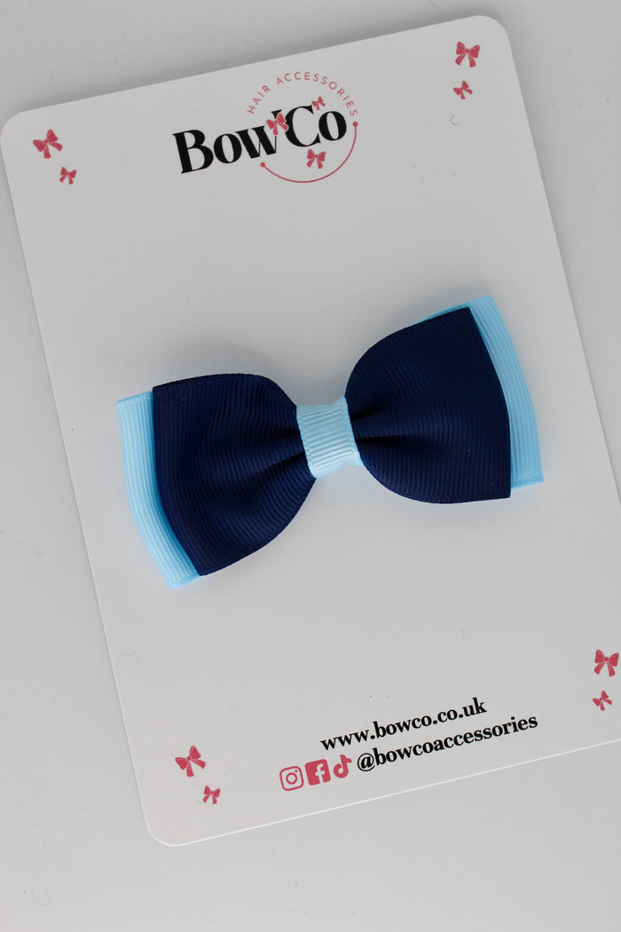 School Bow Navy Blue and Blue Topaz - Double Lapel Bow Set - Clip