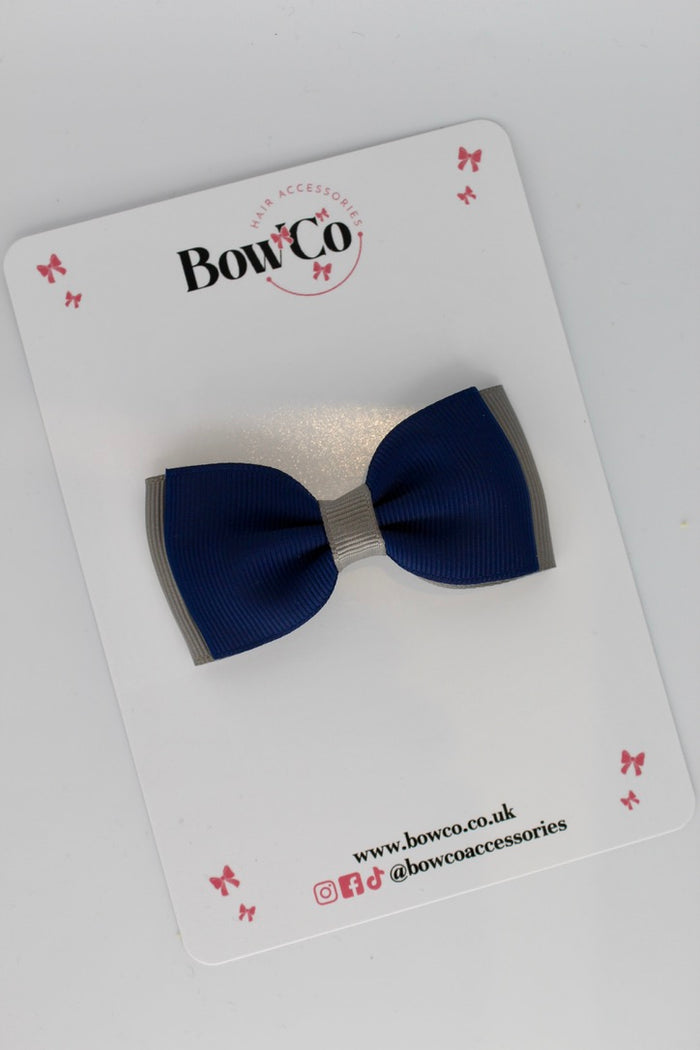 School Bow Navy Blue and Metal Grey - Double Lapel Bow - Clip