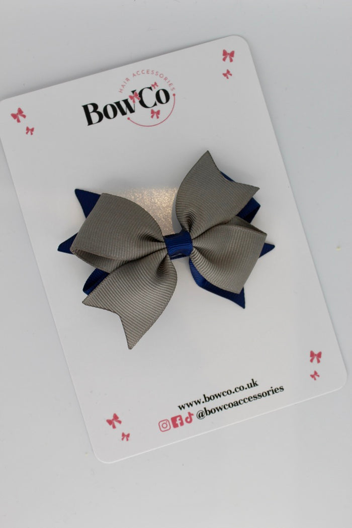 School Bow Navy Blue and Metal Grey - Layer Tail Bow - Clip