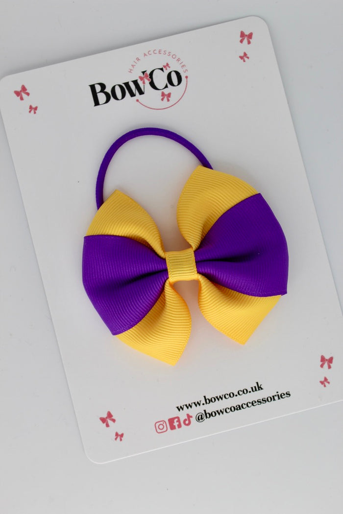 School Bow Purple and Yellow Gold - Round Tuxedo Bow - Elastic