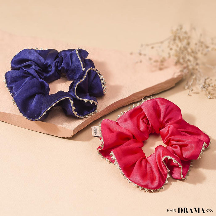 Set of 2 Silk Satin Scrunchies with Gota Patti - Blue & Pink