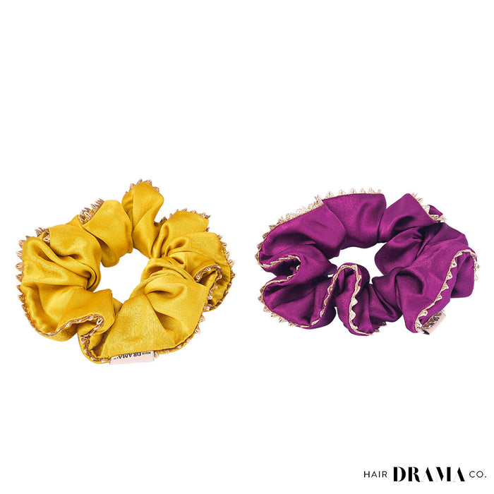 Set of 2 Silk Satin Scrunchies with Gota Patti - Purple & Mustard