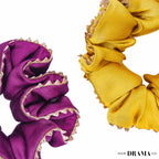 Set of 2 Silk Satin Scrunchies with Gota Patti - Purple & Mustard