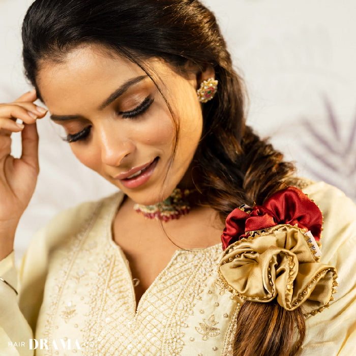 Set of 2 Silk Satin Scrunchies with Gota Patti - Red & Beige