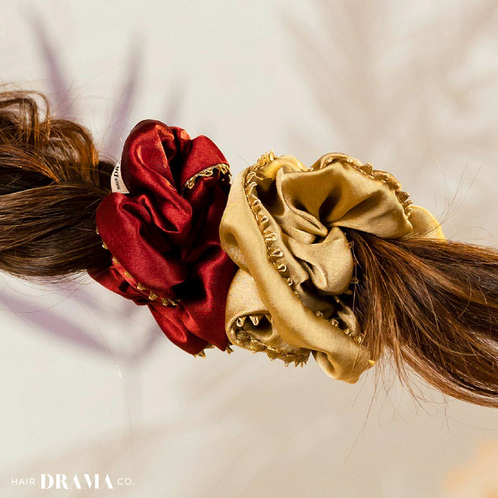 Set of 2 Silk Satin Scrunchies with Gota Patti - Red & Beige