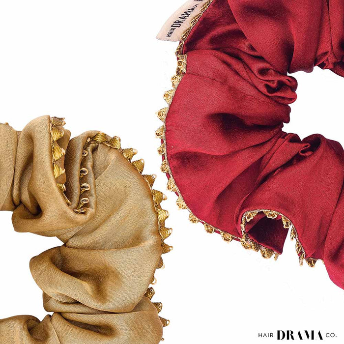 Set of 2 Silk Satin Scrunchies with Gota Patti - Red & Beige
