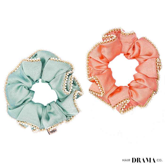 Set of 2 Silk Satin Scrunchies with Pearls - Pink & Mint Green
