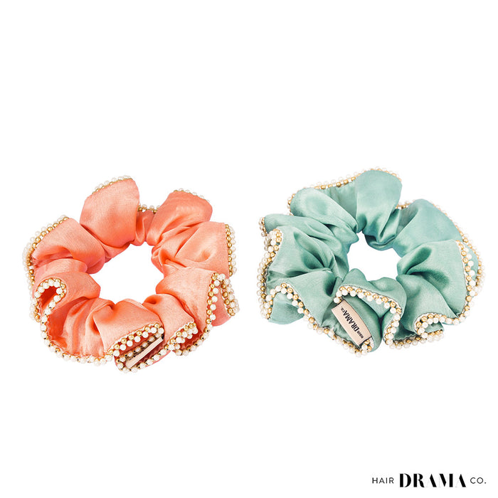 Set of 2 Silk Satin Scrunchies with Pearls - Pink & Mint Green