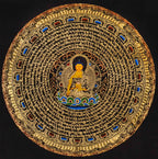 Shakyamuni Buddha Mandala Thangka painting with central Buddha, sacred Tibetan script, and traditional Himalayan Buddhist symbolism.