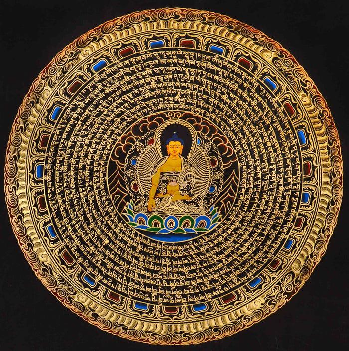 Shakyamuni Buddha Mandala Thangka painting with central Buddha, sacred Tibetan script, and traditional Himalayan Buddhist symbolism.