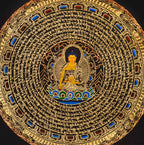 Shakyamuni Buddha Mandala Thangka painting with central Buddha, sacred Tibetan script, and traditional Himalayan Buddhist symbolism.