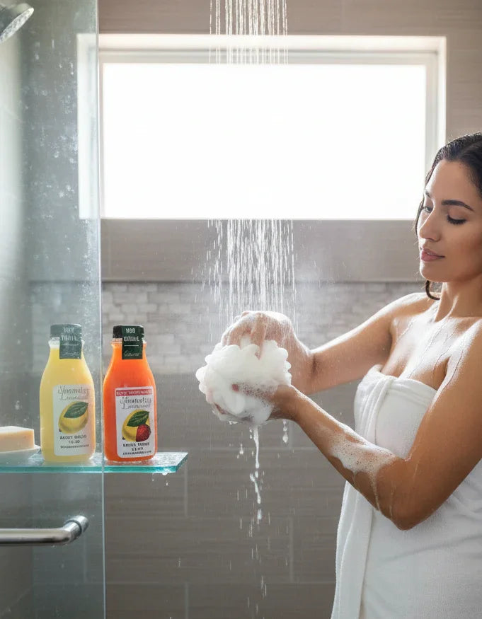 Woman showering with scented body washes, holding a loofah, bottles on glass shelf