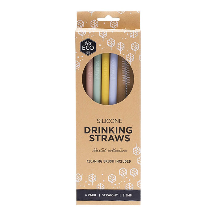 Packaging of straight silicone drinking straws with a cleaning brush. Ever eco embossed onto each of the straws. Eco friendly packaging. 4 pastel colours.