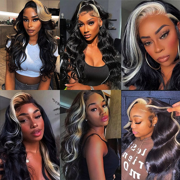qvr wigs 13x4 lace front skunk stripe body wave human hair wig