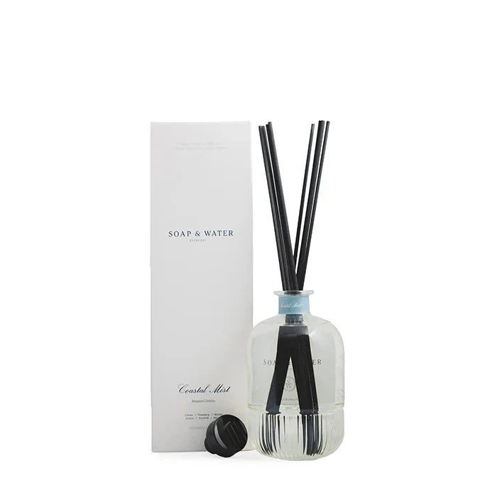 Clear diffuser bottle with black sticks and packaging labeled 'Soap & Water' on a white background
