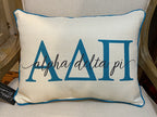 How fun and cute are these licensed sorority and collegiate pillows?!! There are so many styles to choose from, and you can select the color of your piping and a patterned fabric ($10 additional charge) for the back, if you'd like.   Designed and manufactured in Calhoun City, Mississippi, Little Birdie pillows are the perfect way to celebrate your sisterhood and cozy up any space!  All of these pillows are made from a soft yet durable polyester fabric, and arrive stuffed with poly-fill and sewn shut.
