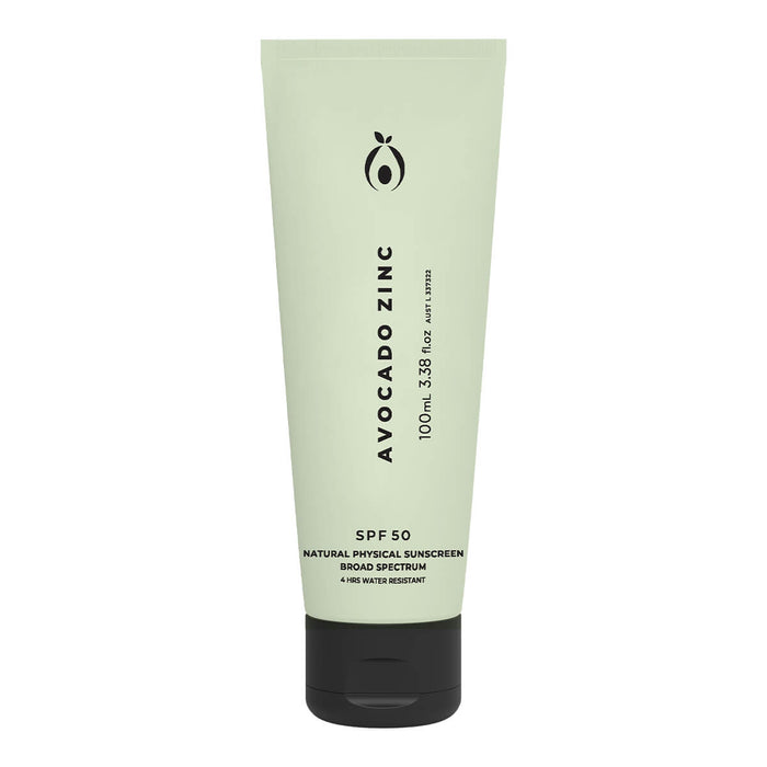 A tube of Avocado Zinc SPF50 Natural Physical Sunscreen with a green label and black cap.