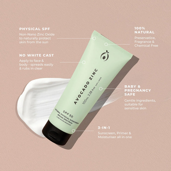 Avocado Zinc sunscreen tube with product features on a beige background.