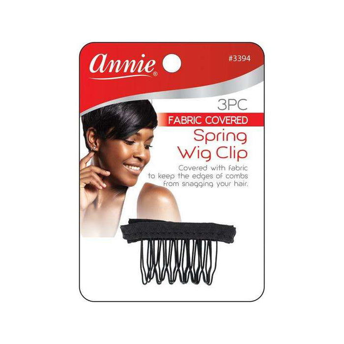ANNIE 3pc fabric covered wig clips black spring comb on retail card with model image