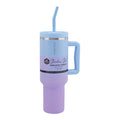 Purple and blue stainless steel insulated tumbler with a straw and handle.