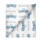 Sugar + Maple Personalized Grey Sugar + Maple Small Stretchy Blanket - Truck Blue